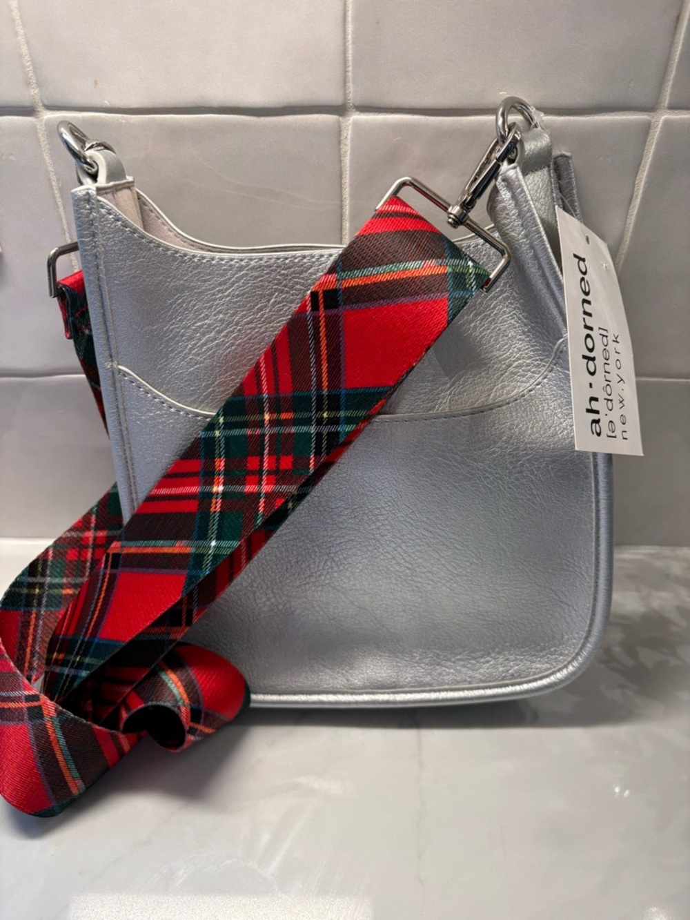 Silver Crossbody Bag with Red Plaid Strap